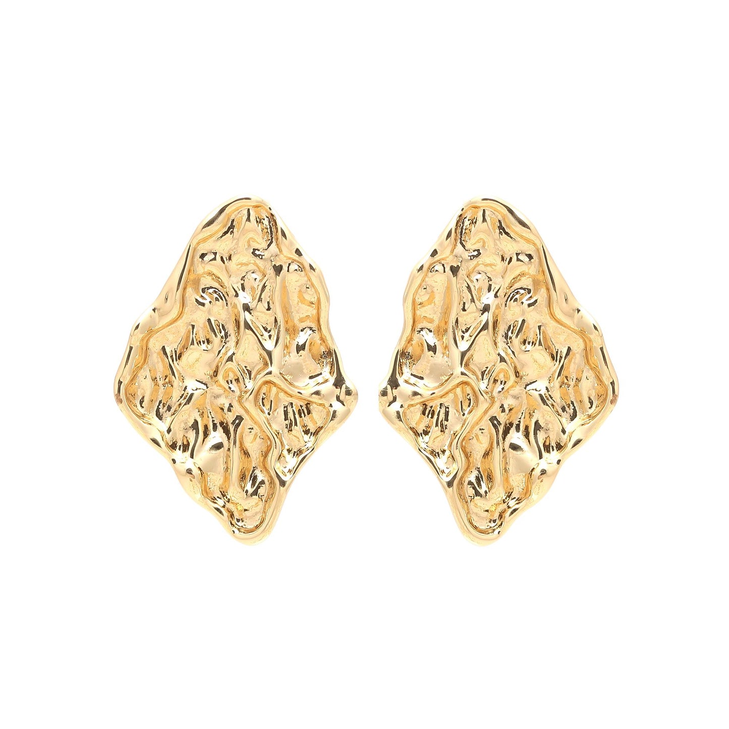 Gold-Plated Textured Diamond-Shaped Stud Earrings with Organic Hammered Finish for Bold Contemporary Elegance