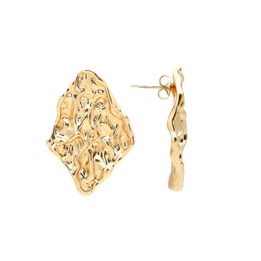 Gold-Plated Textured Diamond-Shaped Stud Earrings with Organic Hammered Finish for Bold Contemporary Elegance