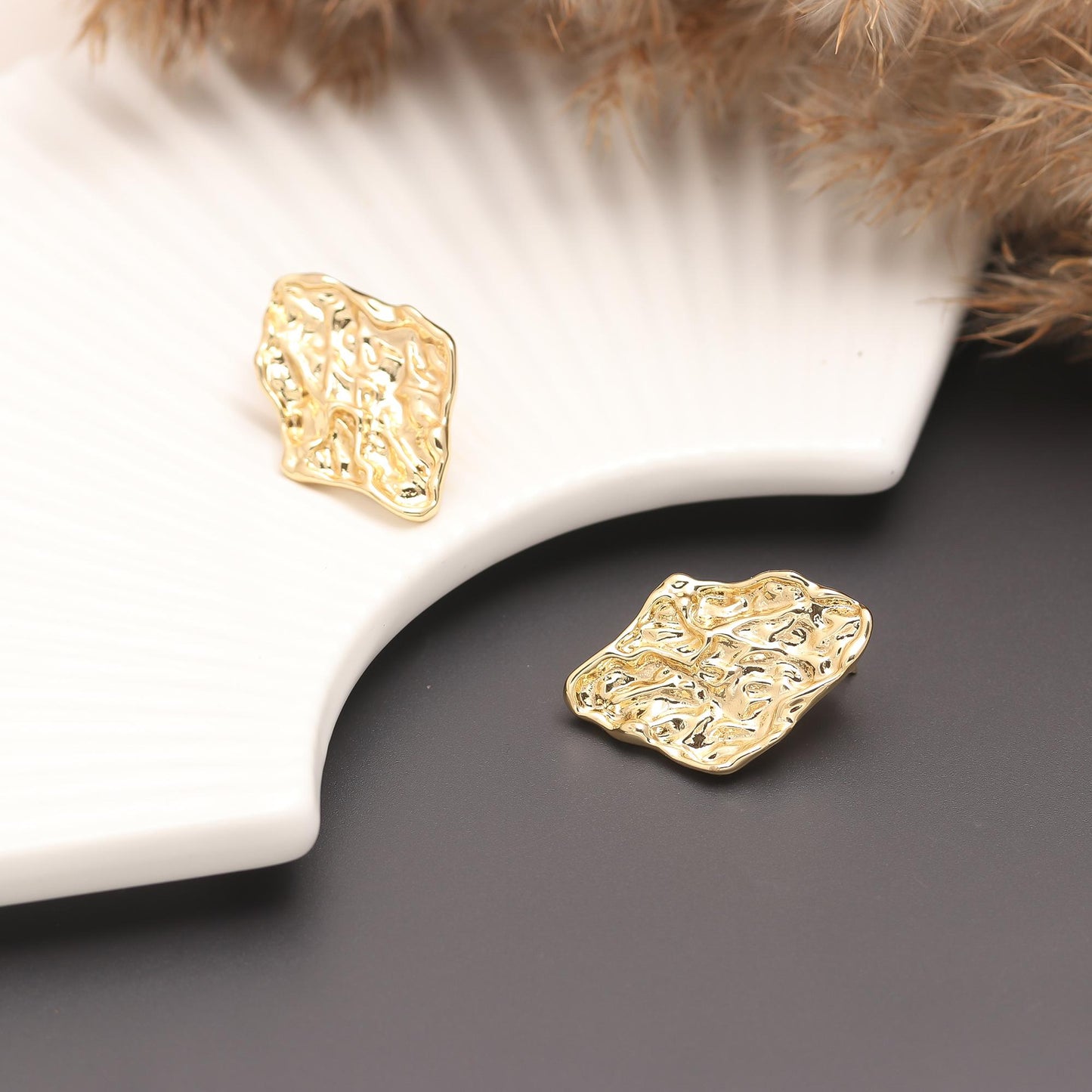 Gold-Plated Textured Diamond-Shaped Stud Earrings with Organic Hammered Finish for Bold Contemporary Elegance