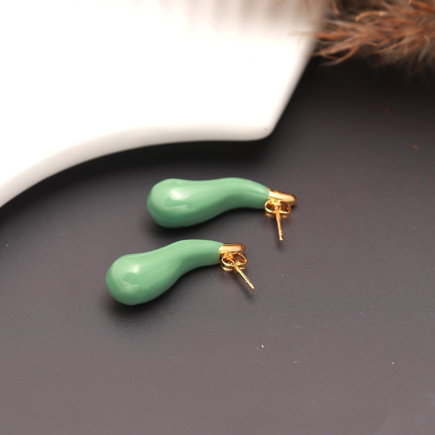 Gold-Plated Teardrop Dangling Earrings with Glossy Green Enamel Finish for Minimal Elegance and Modern Sophistication