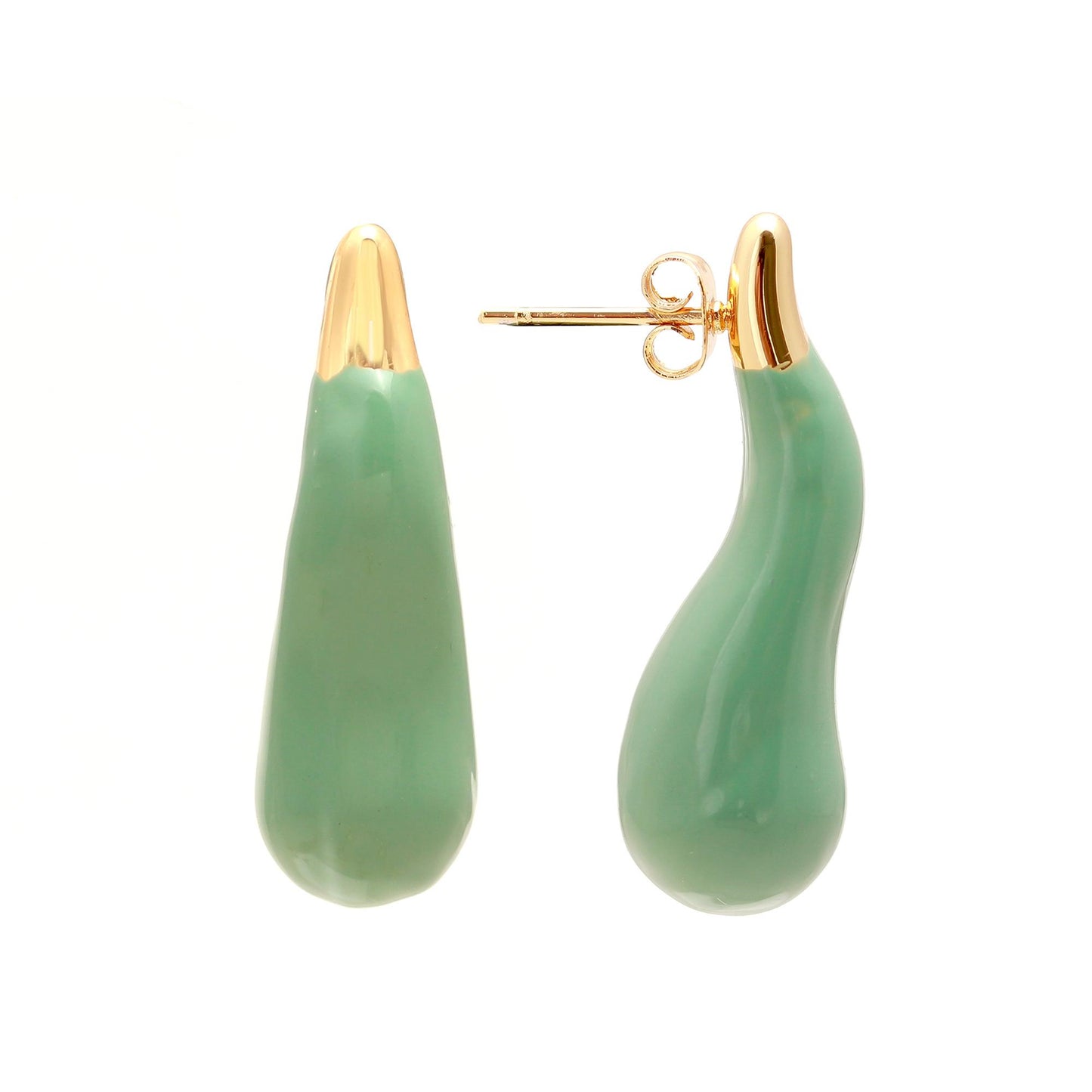 Gold-Plated Teardrop Dangling Earrings with Glossy Green Enamel Finish for Minimal Elegance and Modern Sophistication
