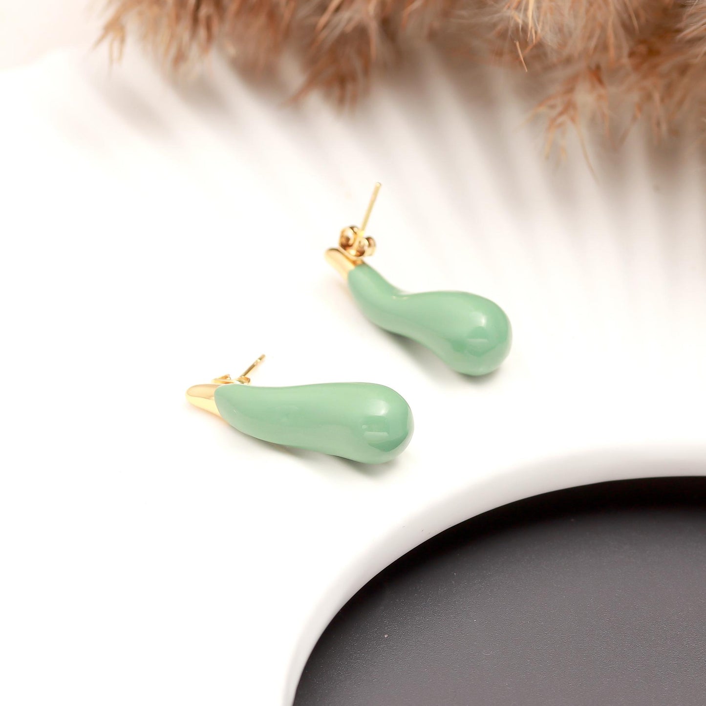 Gold-Plated Teardrop Dangling Earrings with Glossy Green Enamel Finish for Minimal Elegance and Modern Sophistication