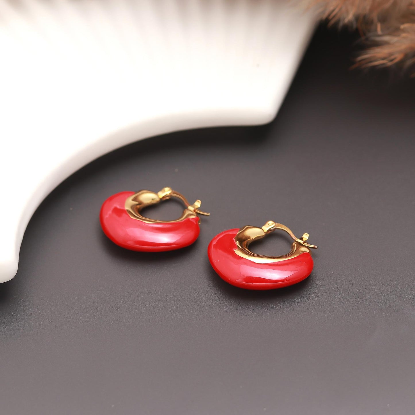 Gold-Plated Hoop Earrings with Vibrant Red Enamel – Bold Contemporary Jewelry for Statement Everyday & Occasion Wear