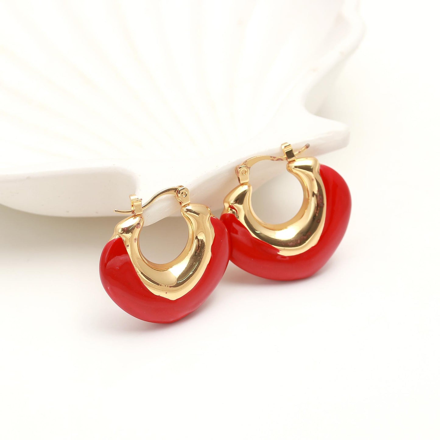 Gold-Plated Hoop Earrings with Vibrant Red Enamel – Bold Contemporary Jewelry for Statement Everyday & Occasion Wear