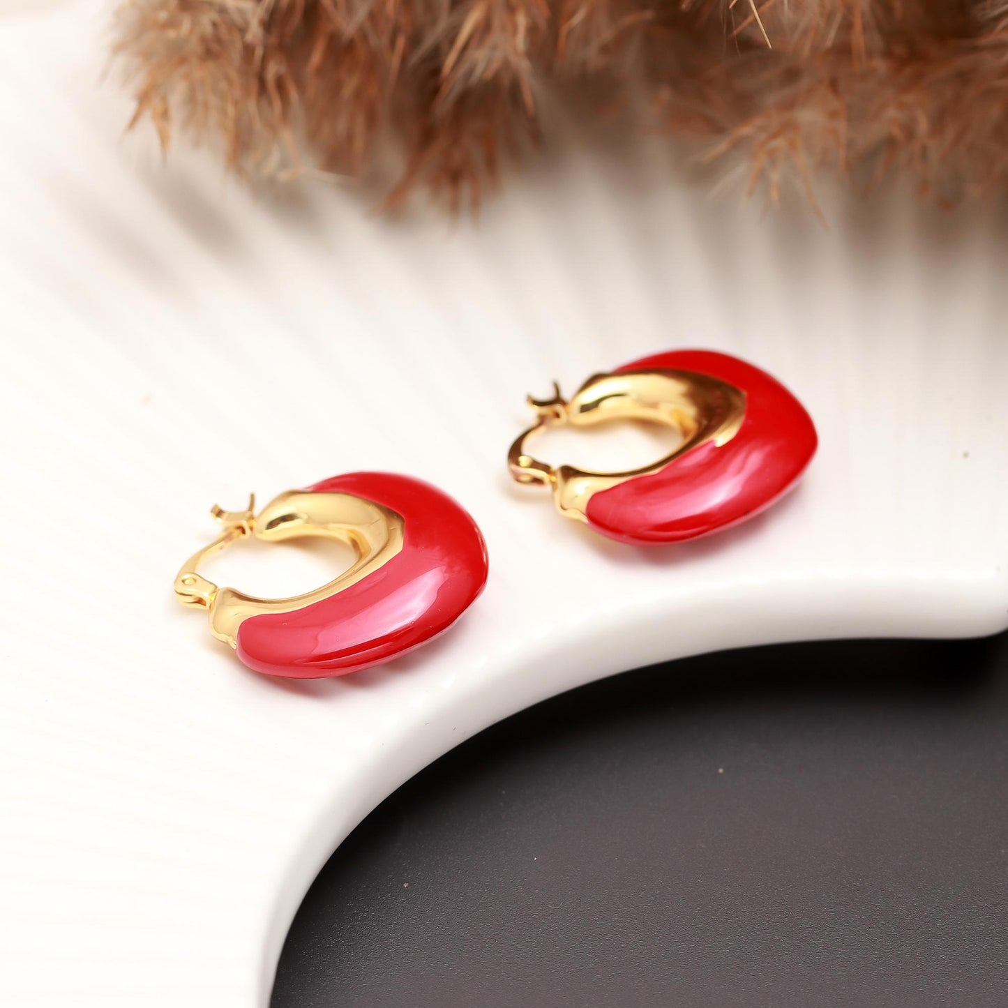 Gold-Plated Hoop Earrings with Vibrant Red Enamel – Bold Contemporary Jewelry for Statement Everyday & Occasion Wear