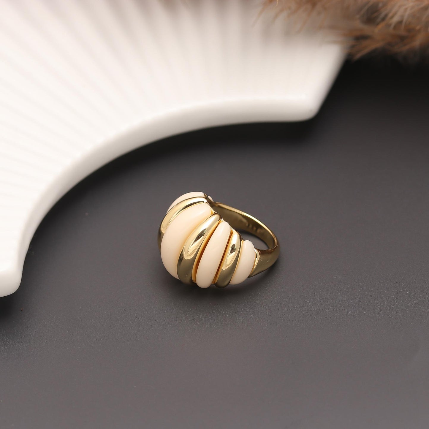 Vintage-Style Dome Ring with Glossy Nude Enamel Panels and Polished Gold Frame | Statement Accessory