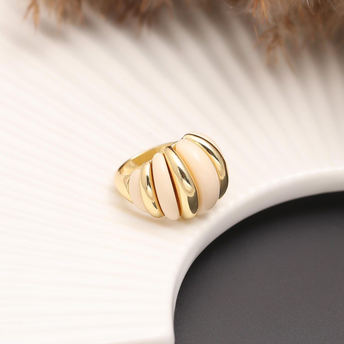 Vintage-Style Dome Ring with Glossy Nude Enamel Panels and Polished Gold Frame | Statement Accessory