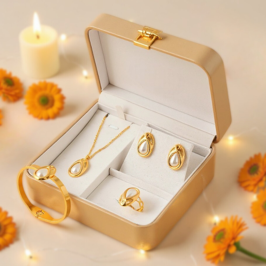 Gold Plated Pearl Drop Jewelry Set for Women | Stylish Gift Box for Girls – Complete Jewelry Hamper with Necklace, Earrings, Bracelet and Ring