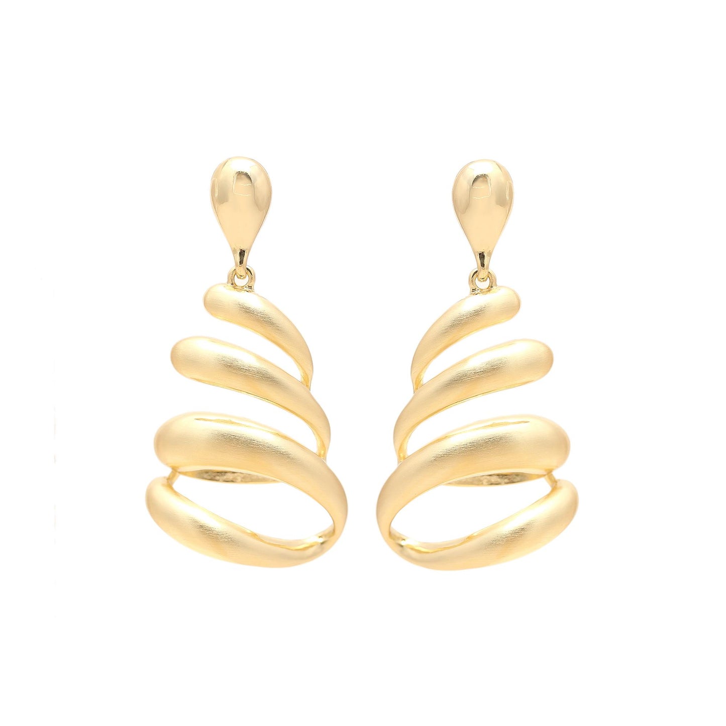 Gold-Plated Spiral Drop Earrings with Fluid Layered Swirl Design and Polished Finish for Bold Festive Glamour