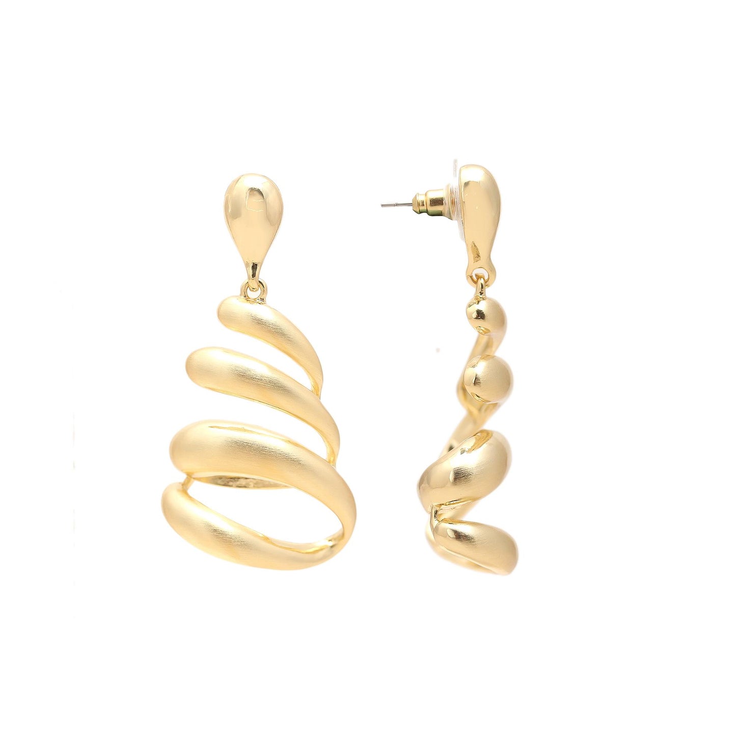 Gold-Plated Spiral Drop Earrings with Fluid Layered Swirl Design and Polished Finish for Bold Festive Glamour