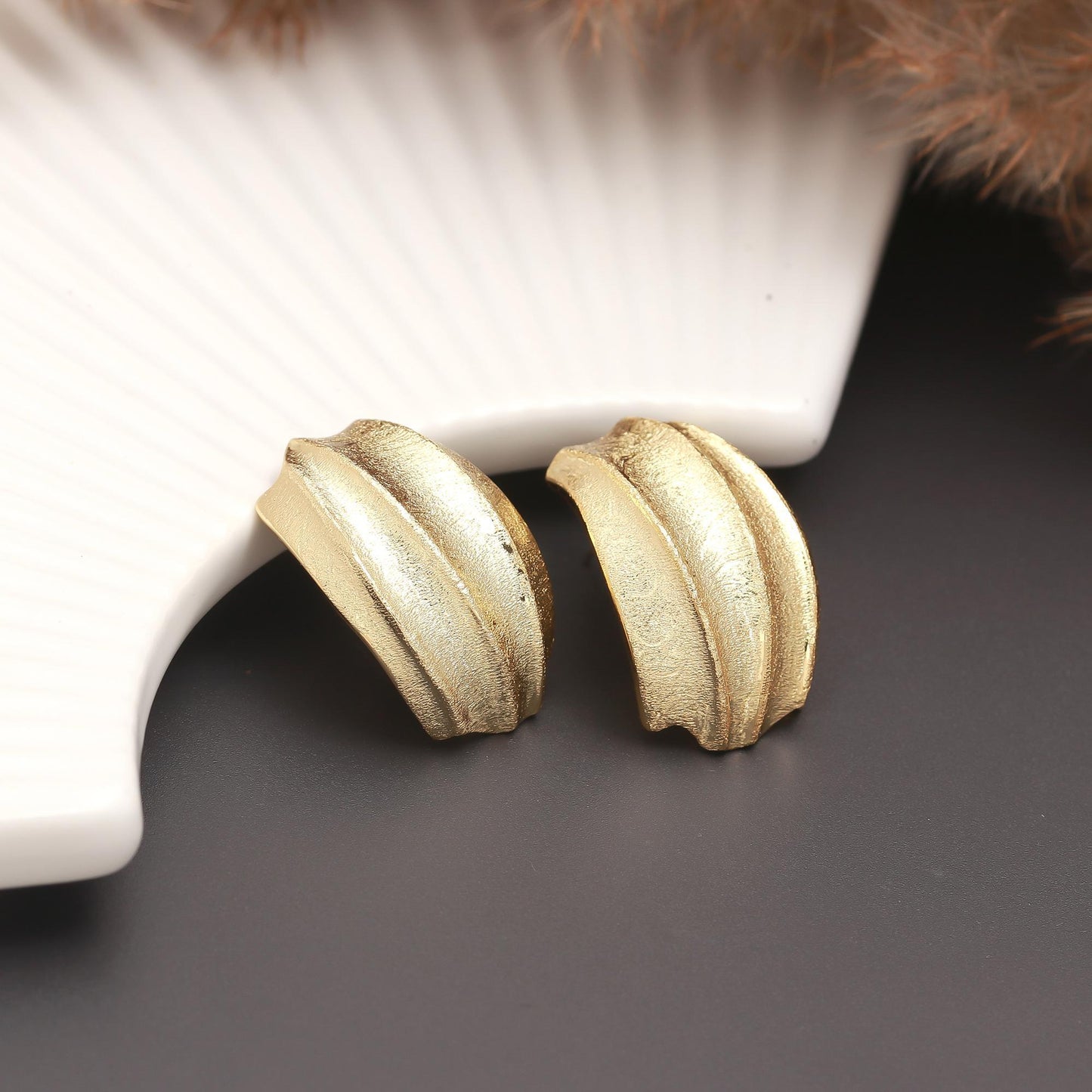 Gold-Plated Domed Stud Earrings with Matte Textured Finish and Grooved Detailing for Classic Timeless Sophistication