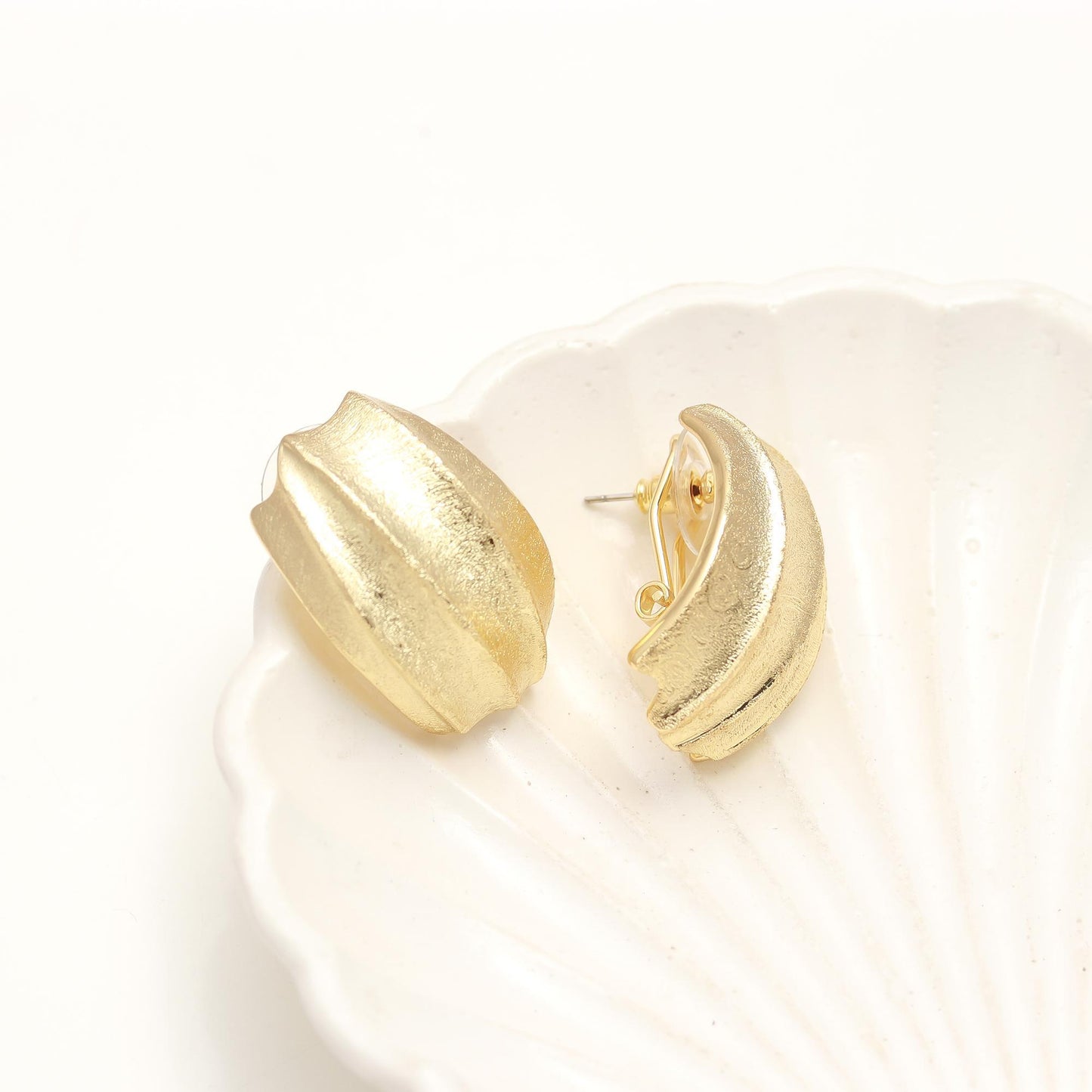 Gold-Plated Domed Stud Earrings with Matte Textured Finish and Grooved Detailing for Classic Timeless Sophistication