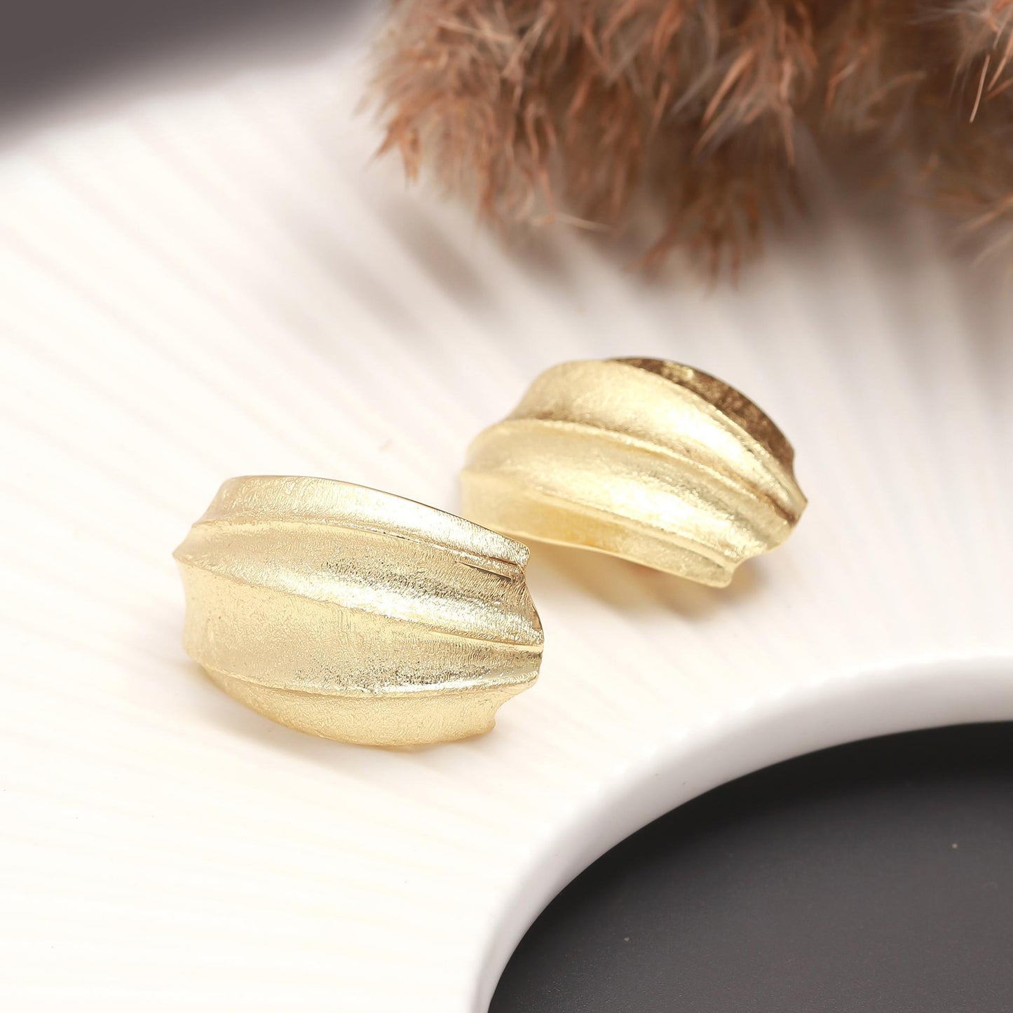 Gold-Plated Domed Stud Earrings with Matte Textured Finish and Grooved Detailing for Classic Timeless Sophistication