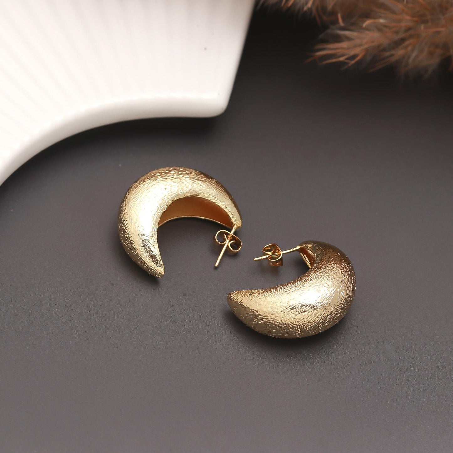 Crescent-Shaped Textured Gold-Tone Earrings – Elegant Statement Hoops for Modern and Festive Styling