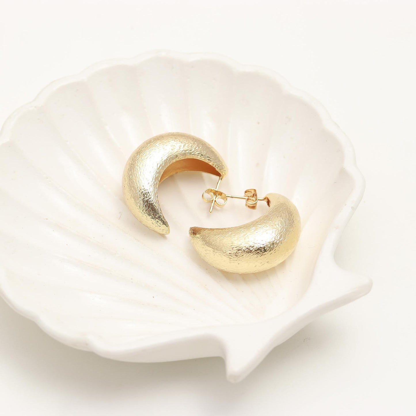 Crescent-Shaped Textured Gold-Tone Earrings – Elegant Statement Hoops for Modern and Festive Styling