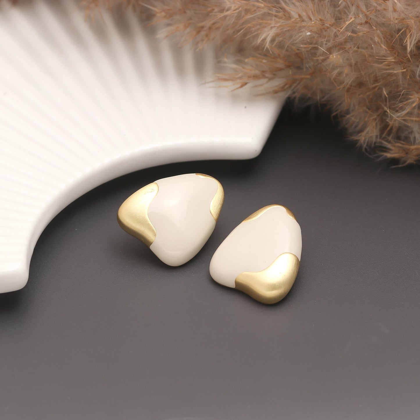 Gold-Plated Abstract Stud Earrings with White Enamel Accents and Minimalist Contemporary Design for Chic Versatility