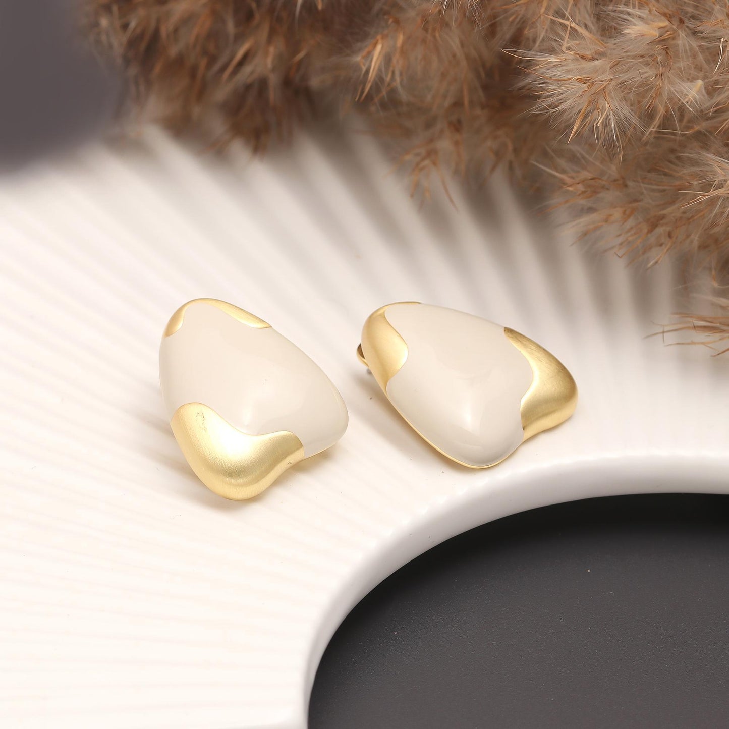 Gold-Plated Abstract Stud Earrings with White Enamel Accents and Minimalist Contemporary Design for Chic Versatility