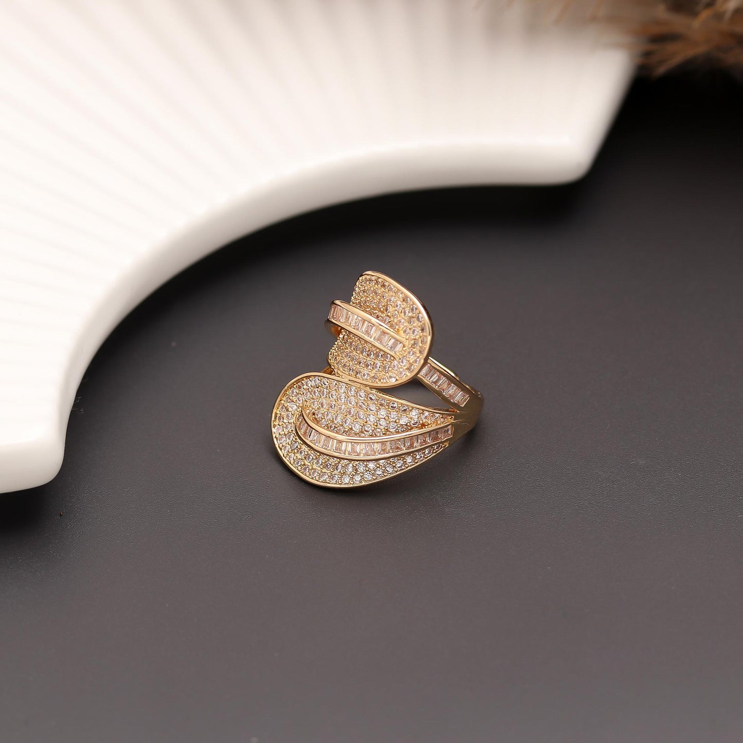 Leaf-Inspired Designer Ring with Pavé Diamond Look Detailing and Dual Curved Bands | Elegant Cocktail Jewelry