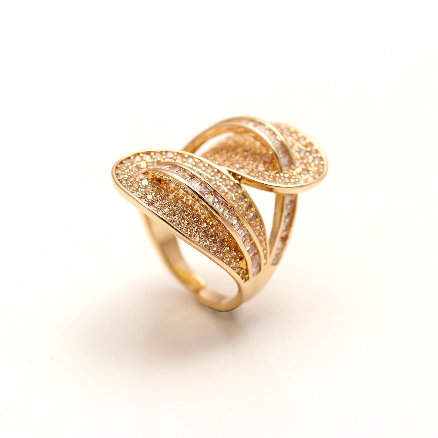 Leaf-Inspired Designer Ring with Pavé Diamond Look Detailing and Dual Curved Bands | Elegant Cocktail Jewelry