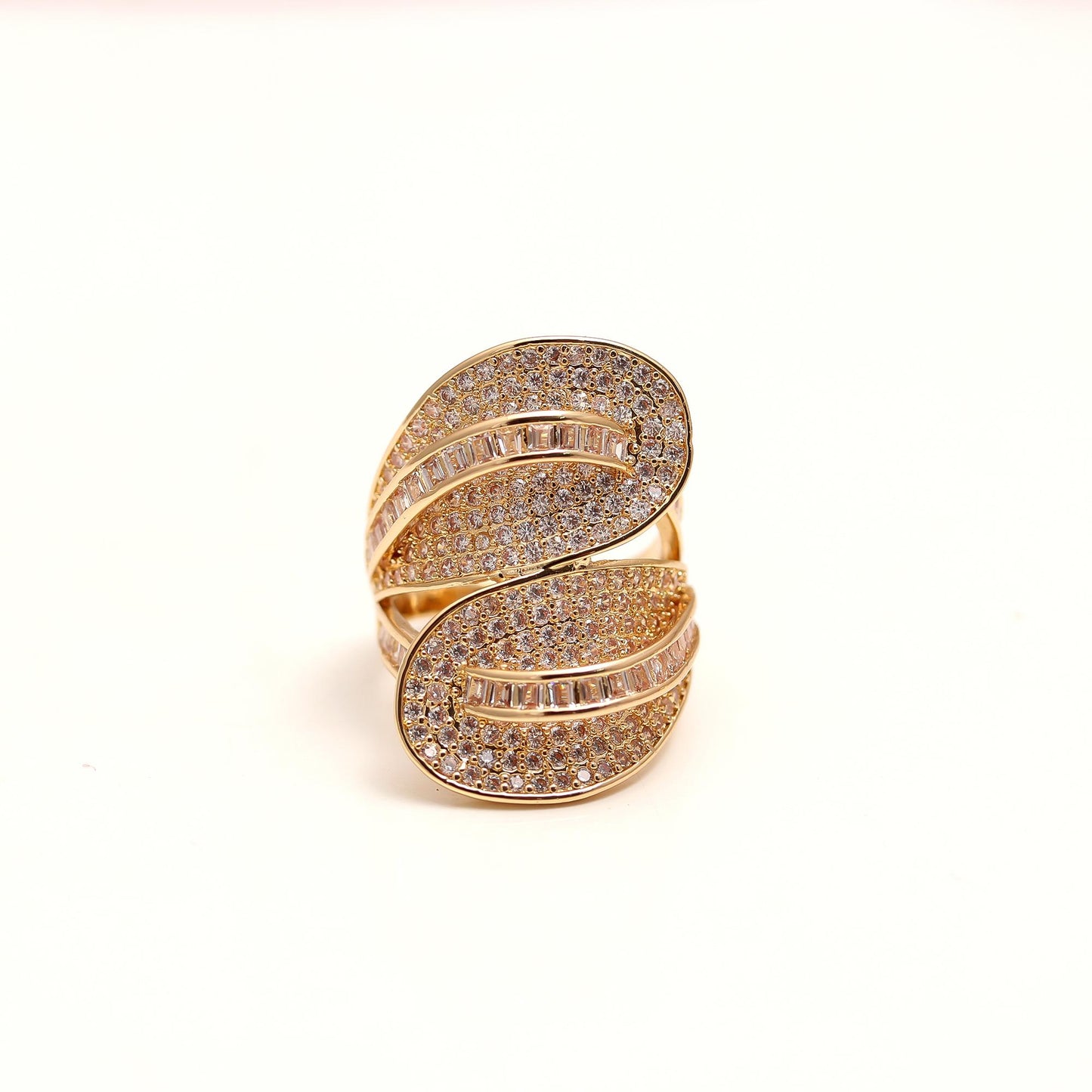 Leaf-Inspired Designer Ring with Pavé Diamond Look Detailing and Dual Curved Bands | Elegant Cocktail Jewelry