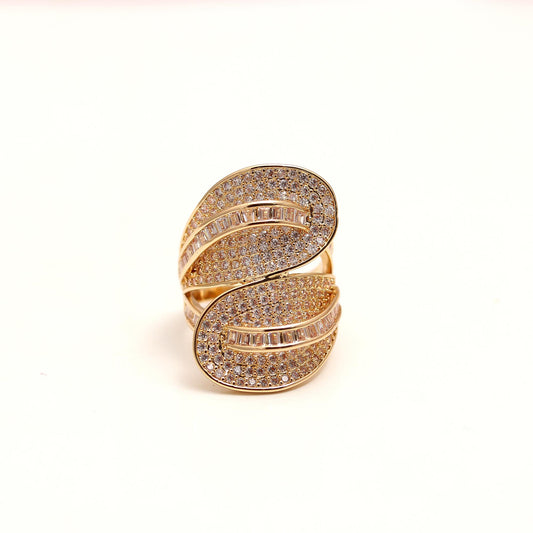 Leaf-Inspired Designer Ring with Pavé Diamond Look Detailing and Dual Curved Bands | Elegant Cocktail Jewelry