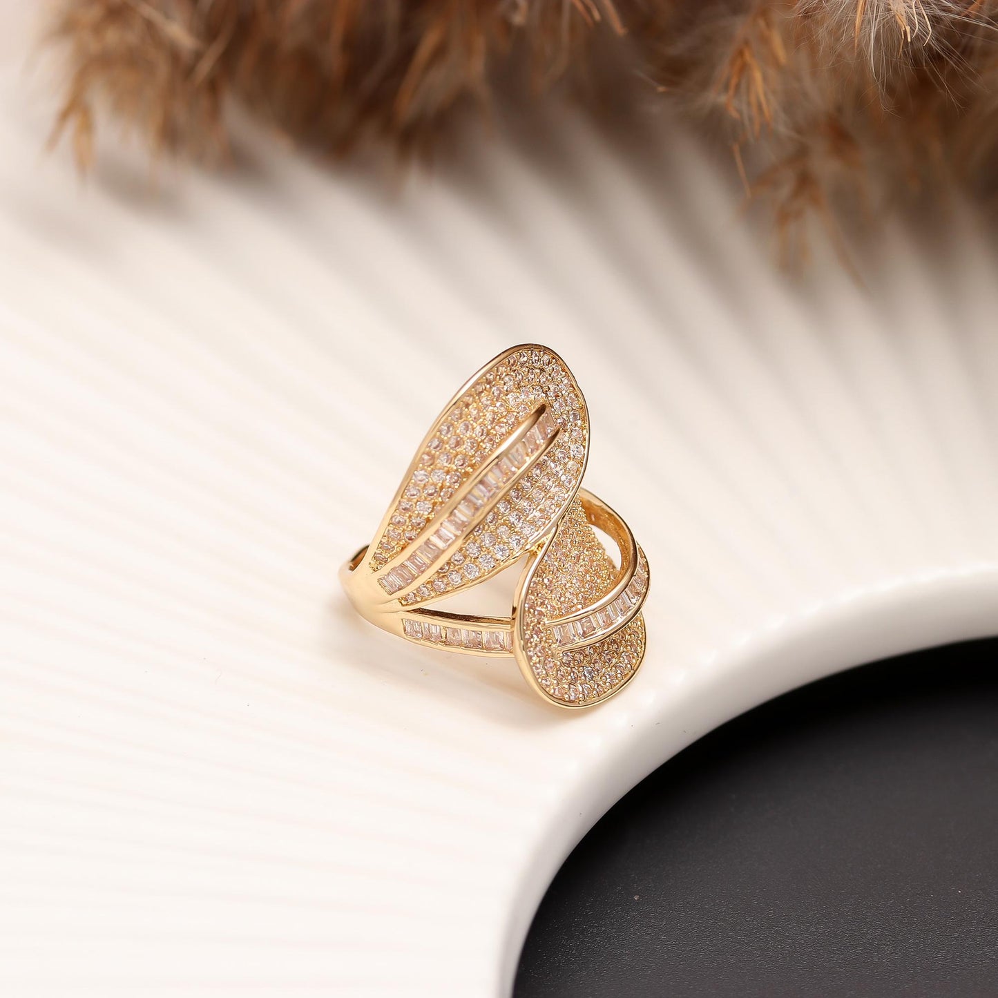 Leaf-Inspired Designer Ring with Pavé Diamond Look Detailing and Dual Curved Bands | Elegant Cocktail Jewelry