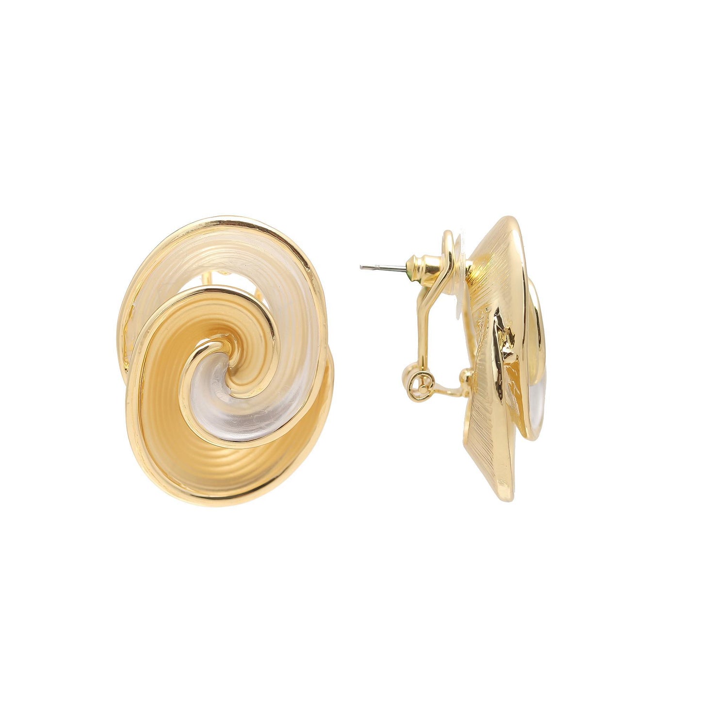 Gold-Plated Dual-Tone Swirl Stud Earrings with Glossy Polished Finish and Artistic Spiral Design for Modern Elegance