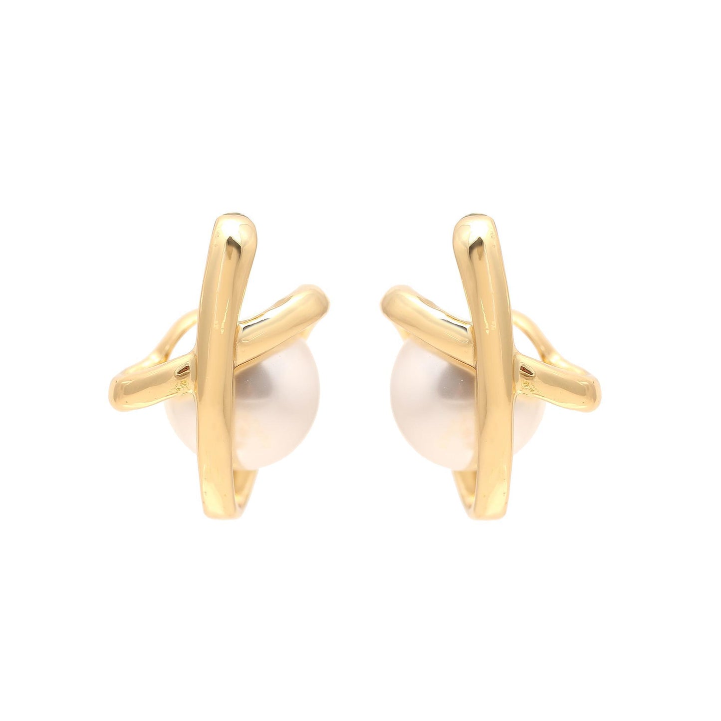 Gold-Plated Pearl Stud Earrings with Crisscross Bar Detailing and Polished Finish for Timeless Grace and Modern Sophistication