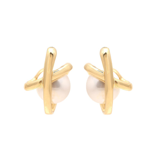 Gold-Plated Pearl Stud Earrings with Crisscross Bar Detailing and Polished Finish for Timeless Grace and Modern Sophistication