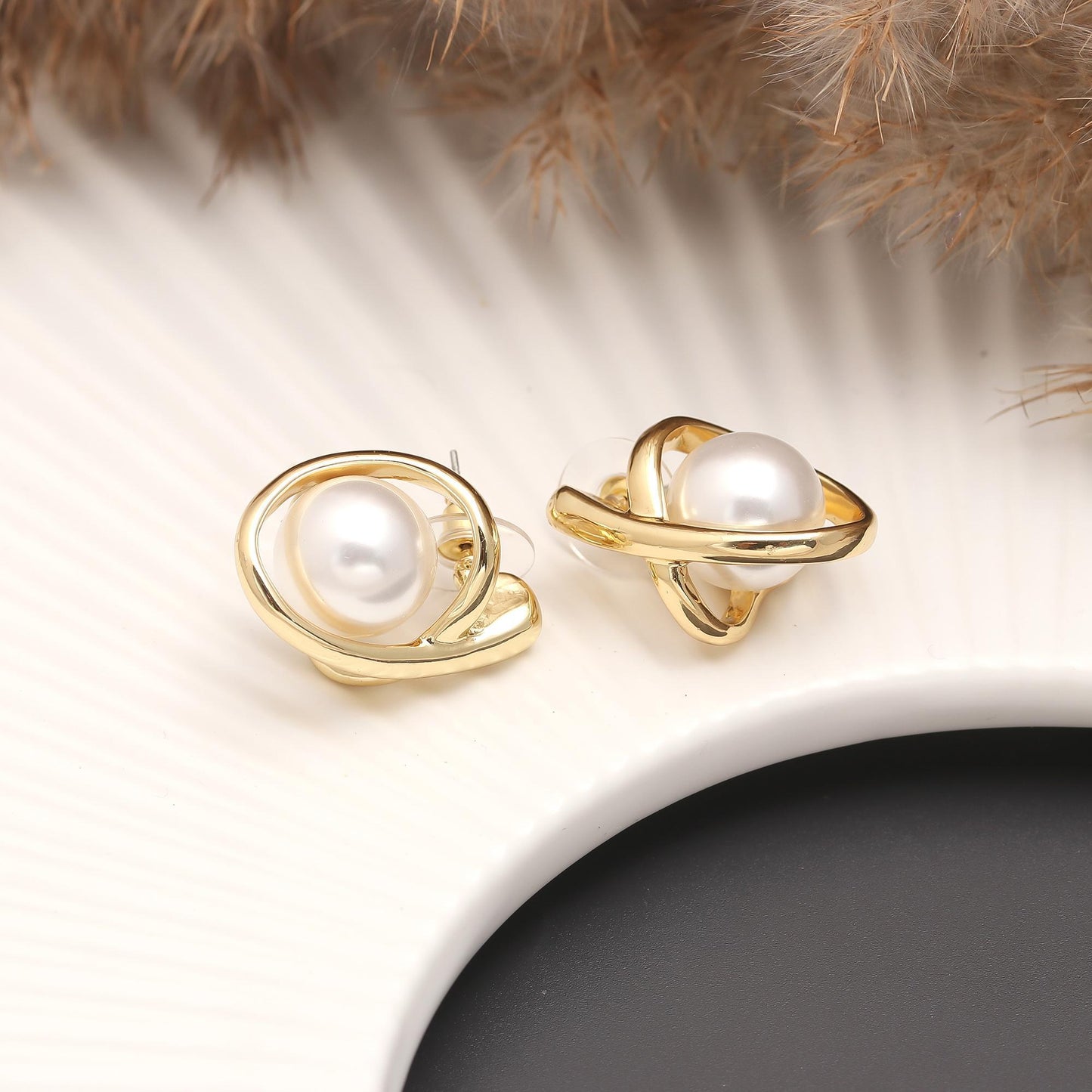 Gold-Plated Pearl Stud Earrings with Crisscross Bar Detailing and Polished Finish for Timeless Grace and Modern Sophistication