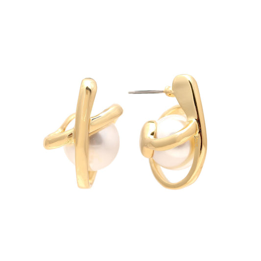 Gold-Plated Pearl Stud Earrings with Crisscross Bar Detailing and Polished Finish for Timeless Grace and Modern Sophistication