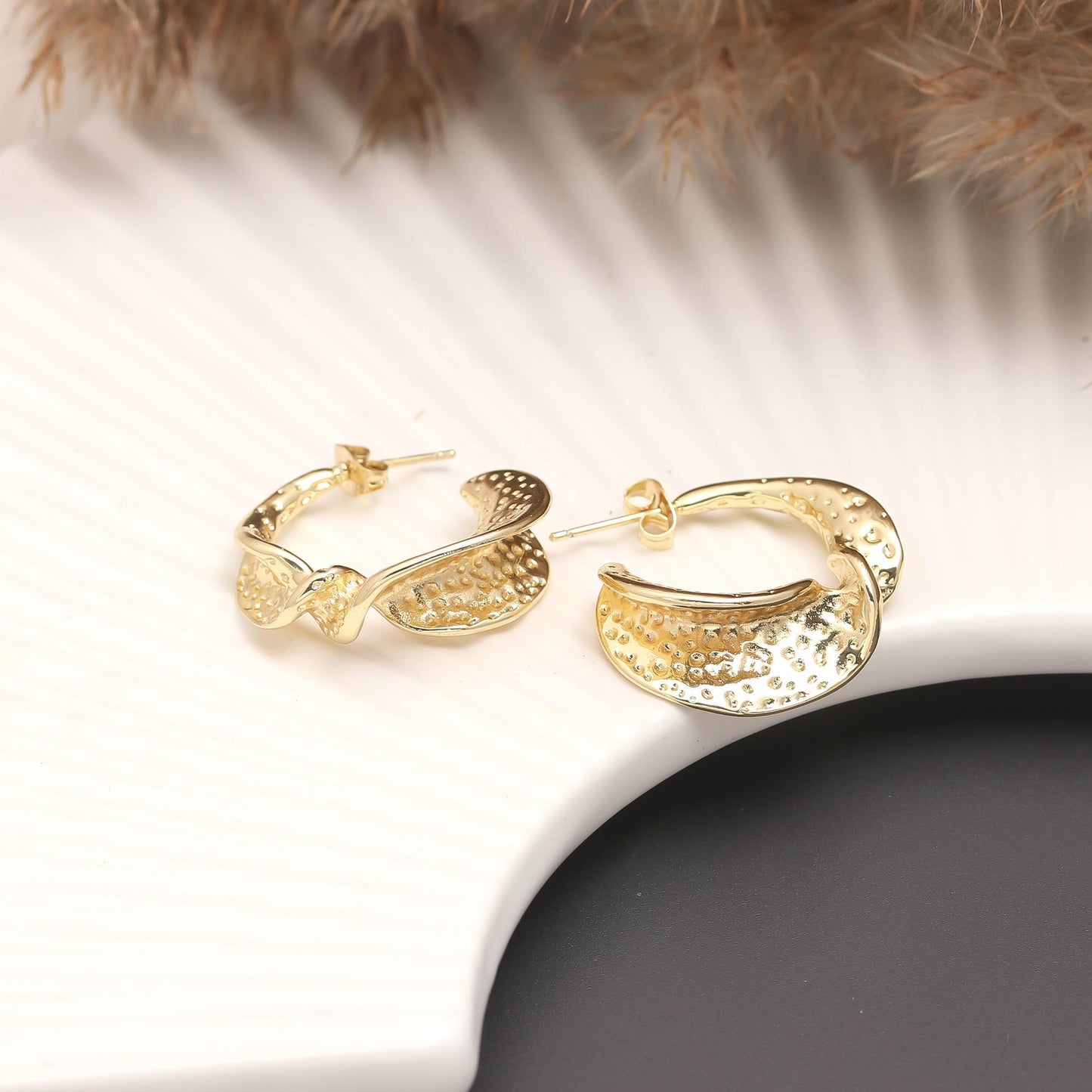 Crescent Textured Gold Earrings – Modern Half-Moon Hoops with Intricate Dotted Detailing