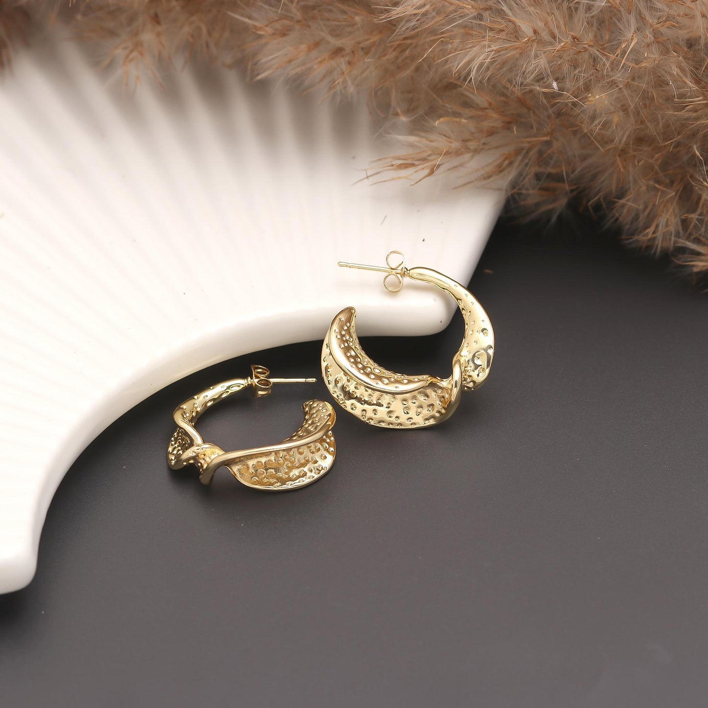 Crescent Textured Gold Earrings – Modern Half-Moon Hoops with Intricate Dotted Detailing