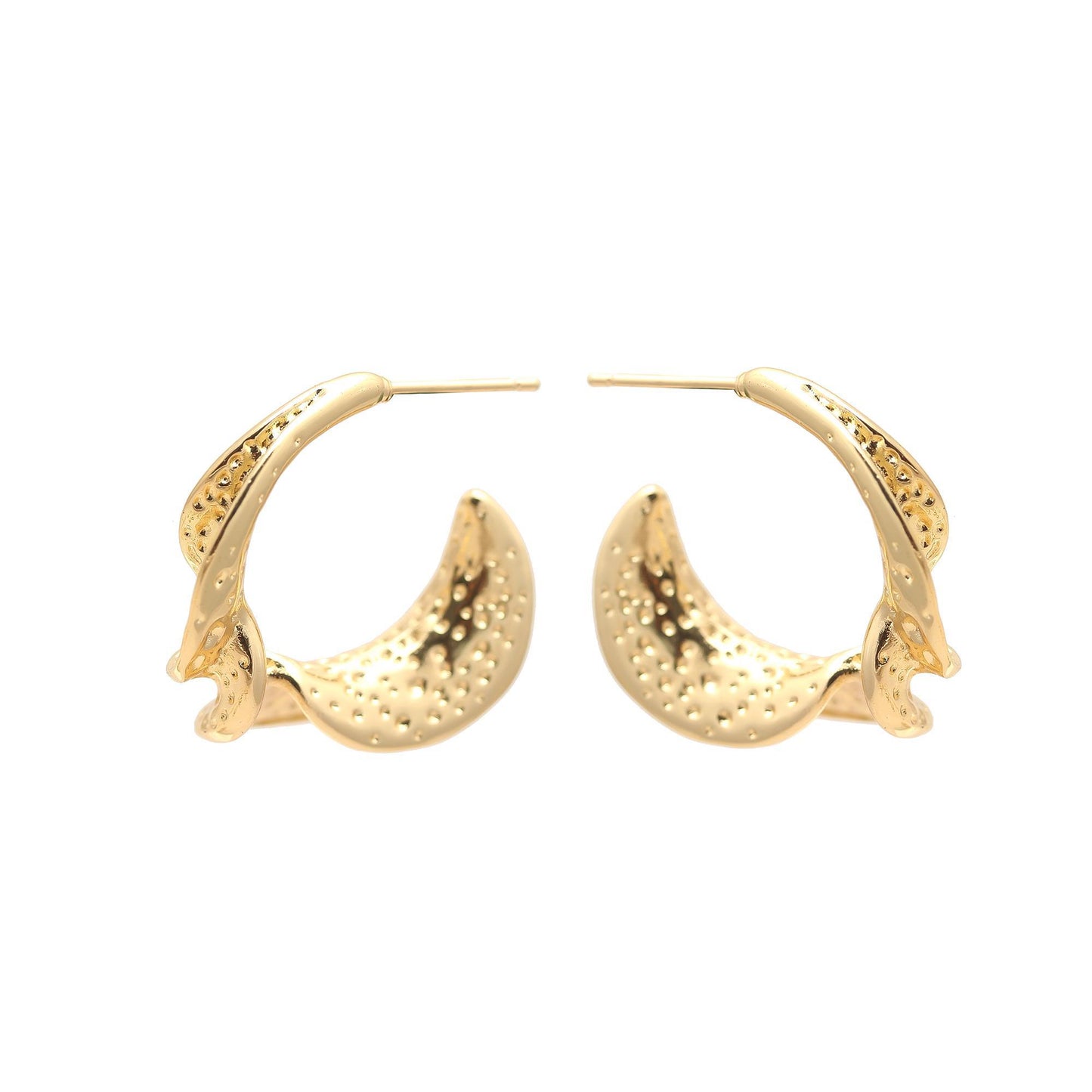 Crescent Textured Gold Earrings – Modern Half-Moon Hoops with Intricate Dotted Detailing