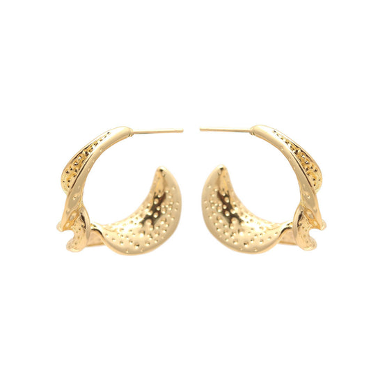 Crescent Textured Gold Earrings – Modern Half-Moon Hoops with Intricate Dotted Detailing