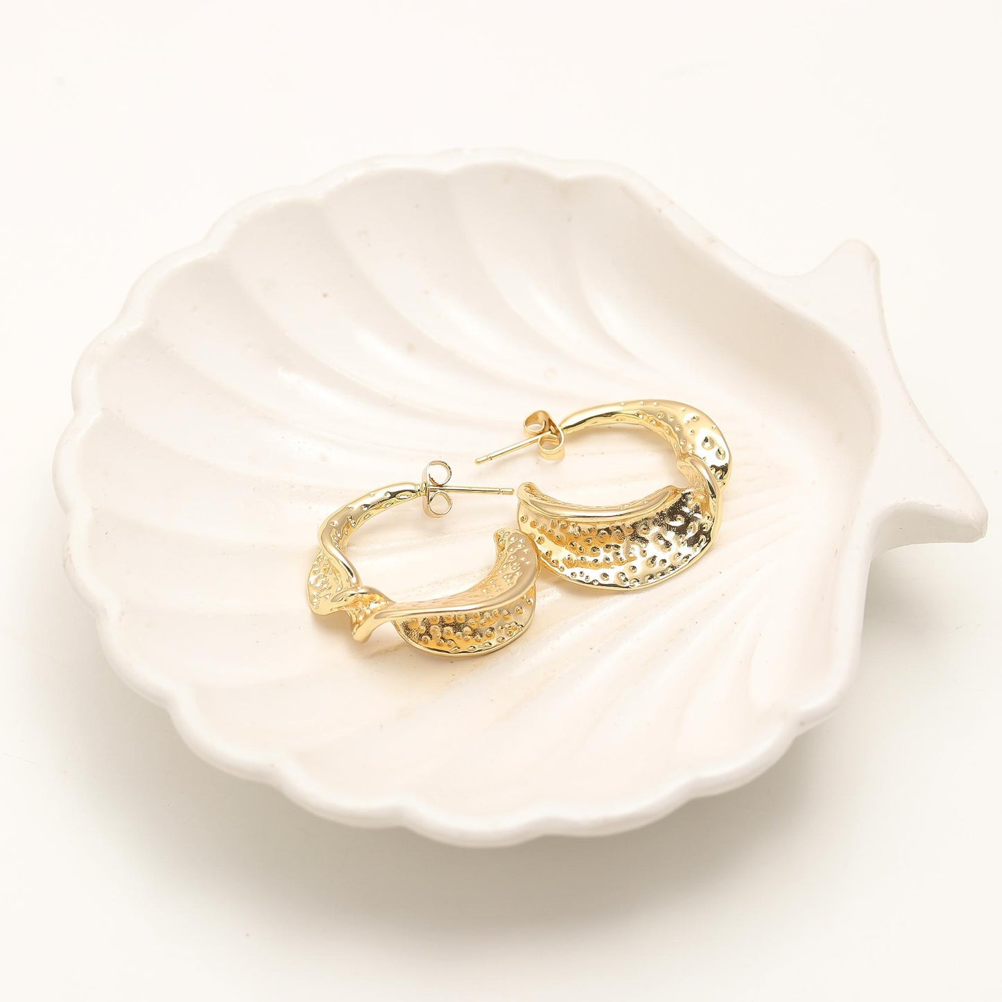 Crescent Textured Gold Earrings – Modern Half-Moon Hoops with Intricate Dotted Detailing