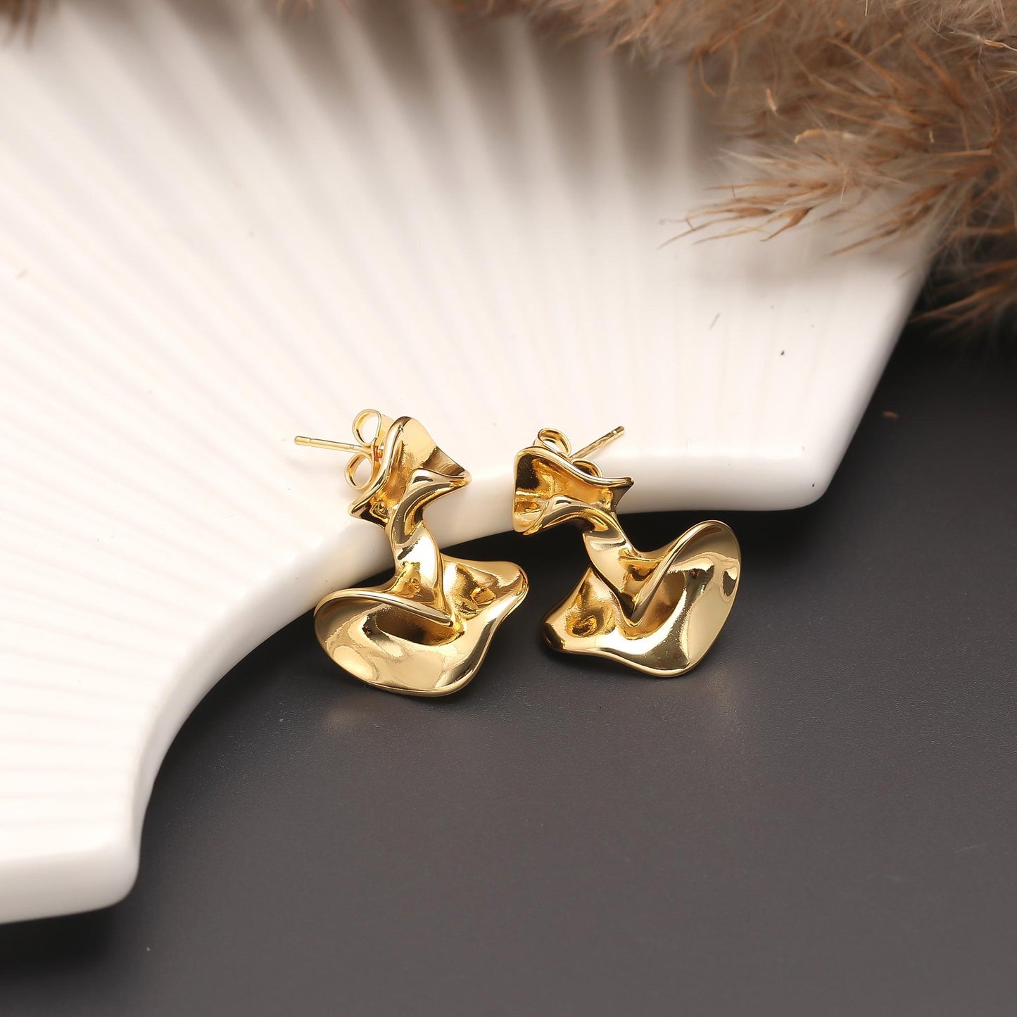 Gold-Plated Abstract Sculptural Stud Earrings with Fluid Artistic Silhouette and Polished Finish for Contemporary Elegance