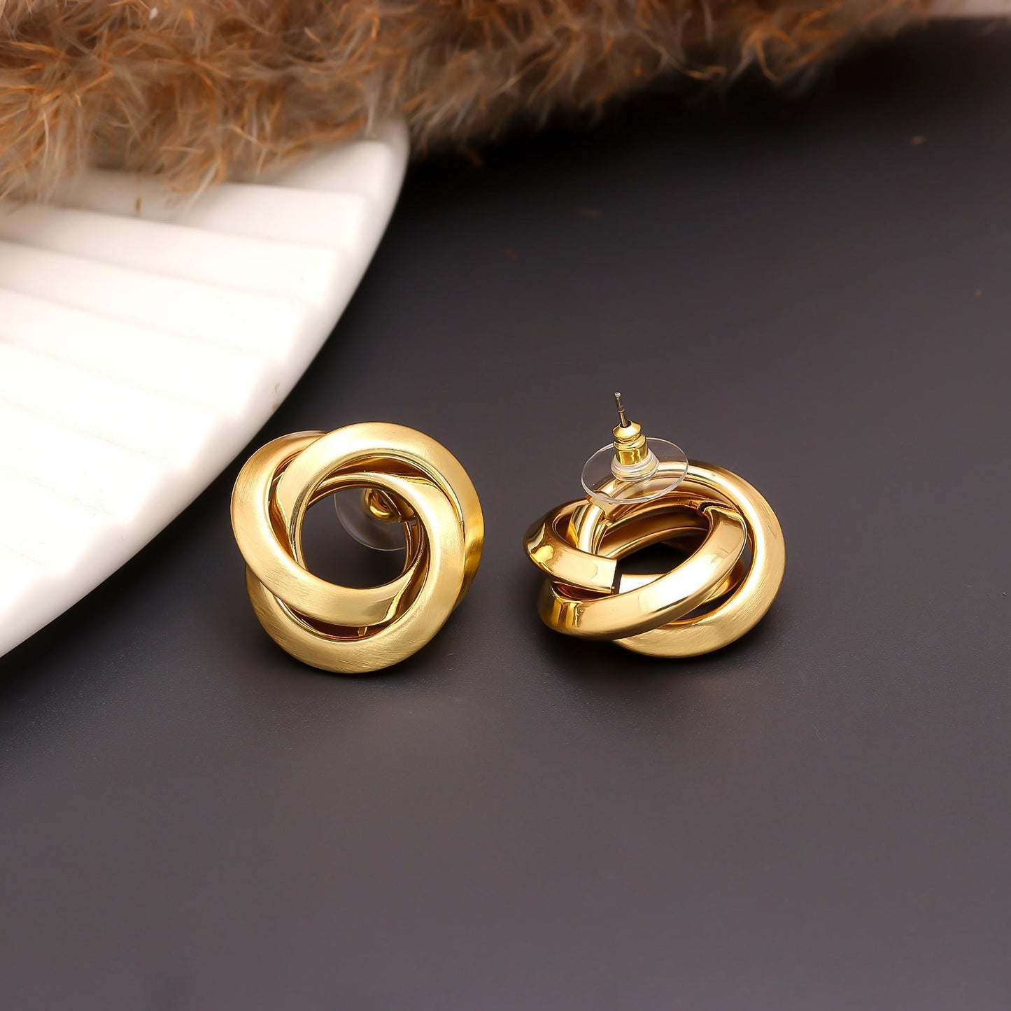 Gold-Plated Circular Knot Stud Earrings with Interwoven Loop Design and Polished Finish for Timeless Everyday Elegance