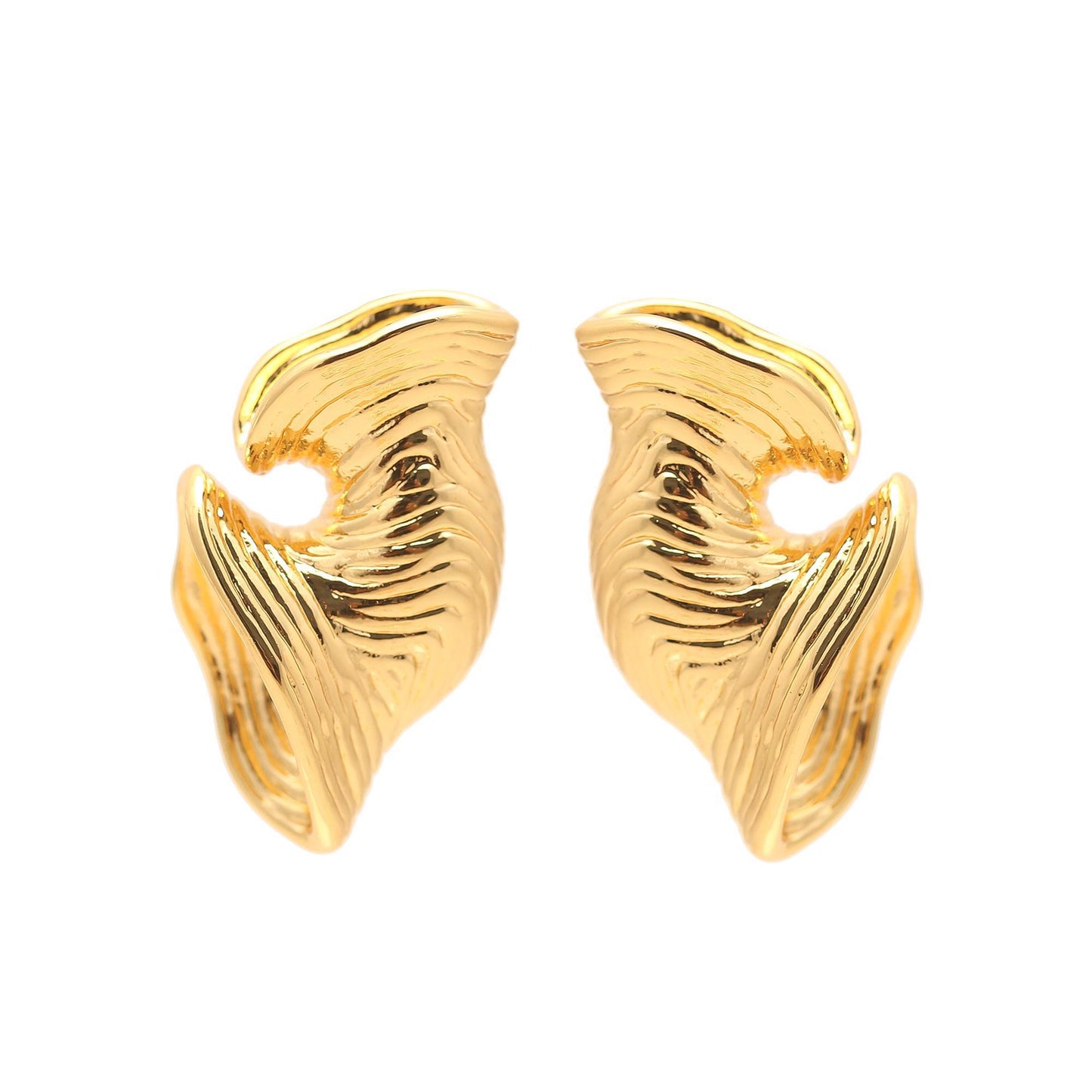 Gold-Plated Abstract Wave Stud Earrings with Textured Detailing and Sculptural Silhouette for Modern Artistic Elegance