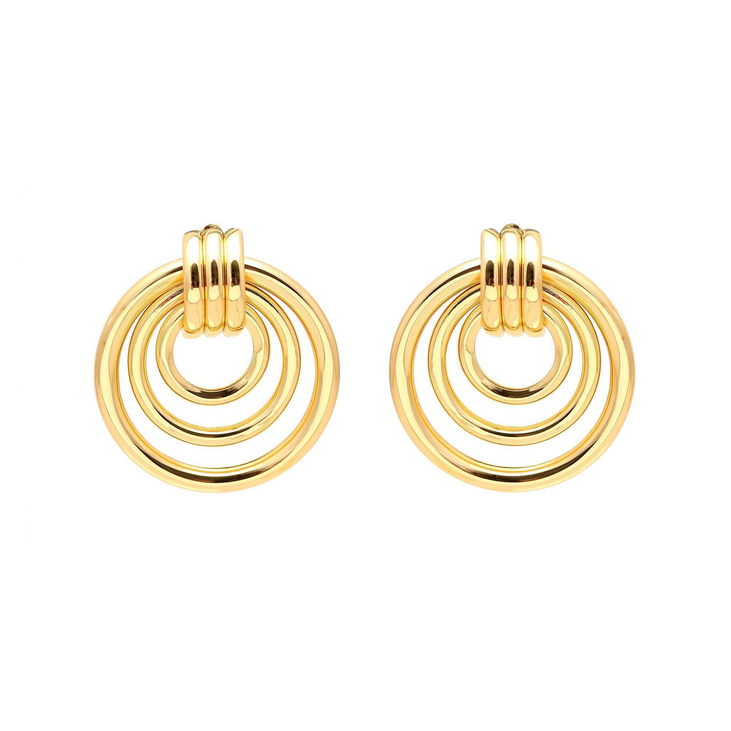 Contemporary Gold-Plated Triple Hoop Circle Earrings with Interlinked Concentric Rings for Modern Elegance and Timeless Style