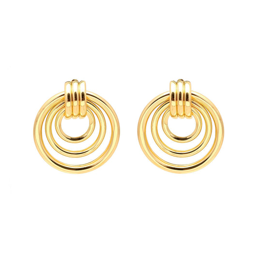 Contemporary Gold-Plated Triple Hoop Circle Earrings with Interlinked Concentric Rings for Modern Elegance and Timeless Style