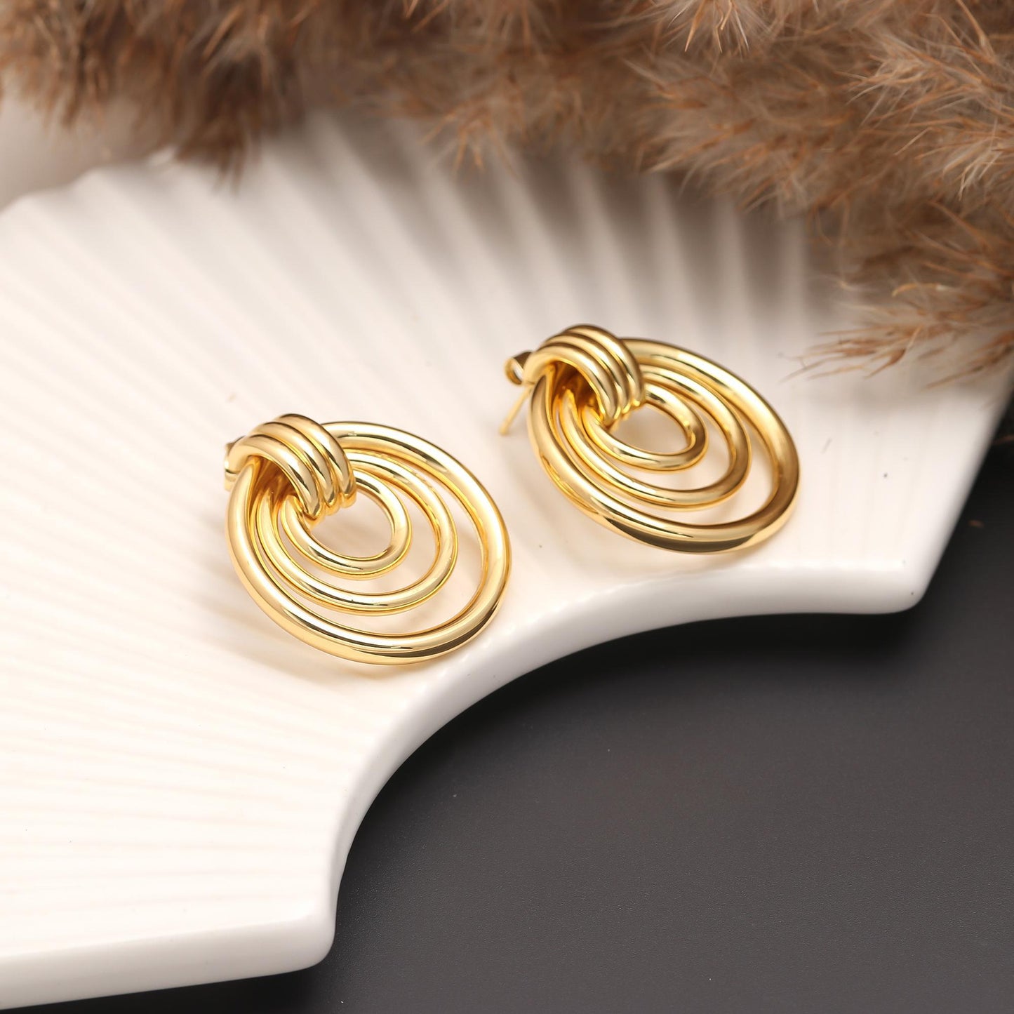 Contemporary Gold-Plated Triple Hoop Circle Earrings with Interlinked Concentric Rings for Modern Elegance and Timeless Style