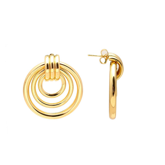 Contemporary Gold-Plated Triple Hoop Circle Earrings with Interlinked Concentric Rings for Modern Elegance and Timeless Style
