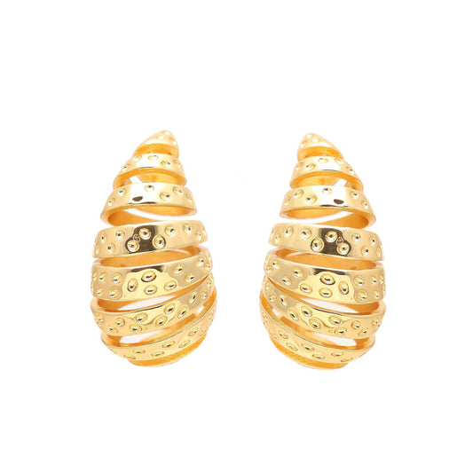 Gold-Plated Spiral Drop Earrings with Layered Teardrop Silhouette and Cutout Detailing for Bold Festive Glamour
