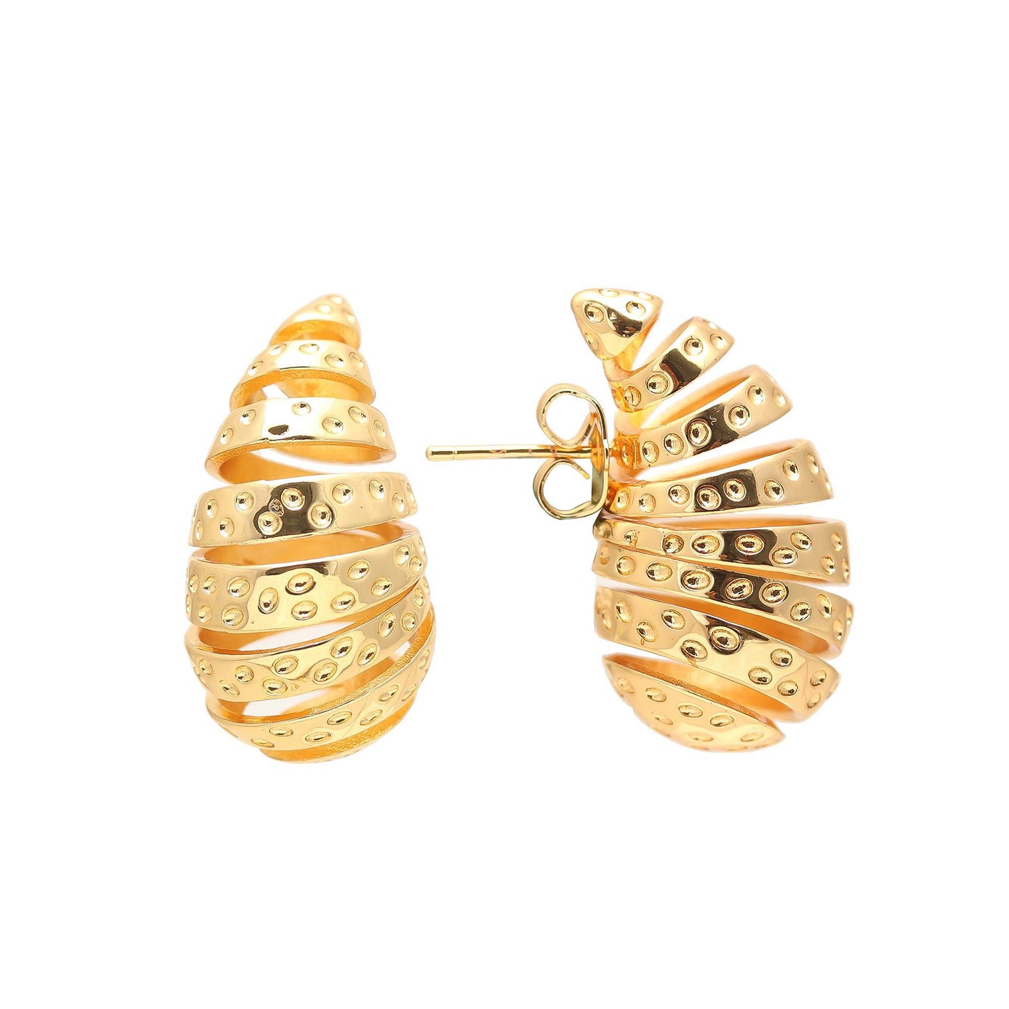 Gold-Plated Spiral Drop Earrings with Layered Teardrop Silhouette and Cutout Detailing for Bold Festive Glamour