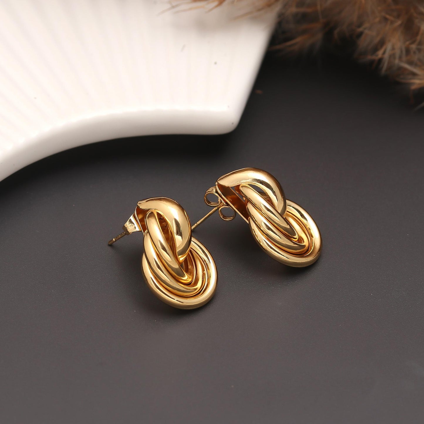 Gold-Plated Interlinked Multi-Ring Stud Earrings with Polished Finish for Contemporary Statement and Versatile Styling