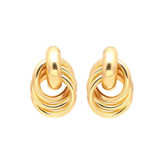 Gold-Plated Interlinked Multi-Ring Stud Earrings with Polished Finish for Contemporary Statement and Versatile Styling