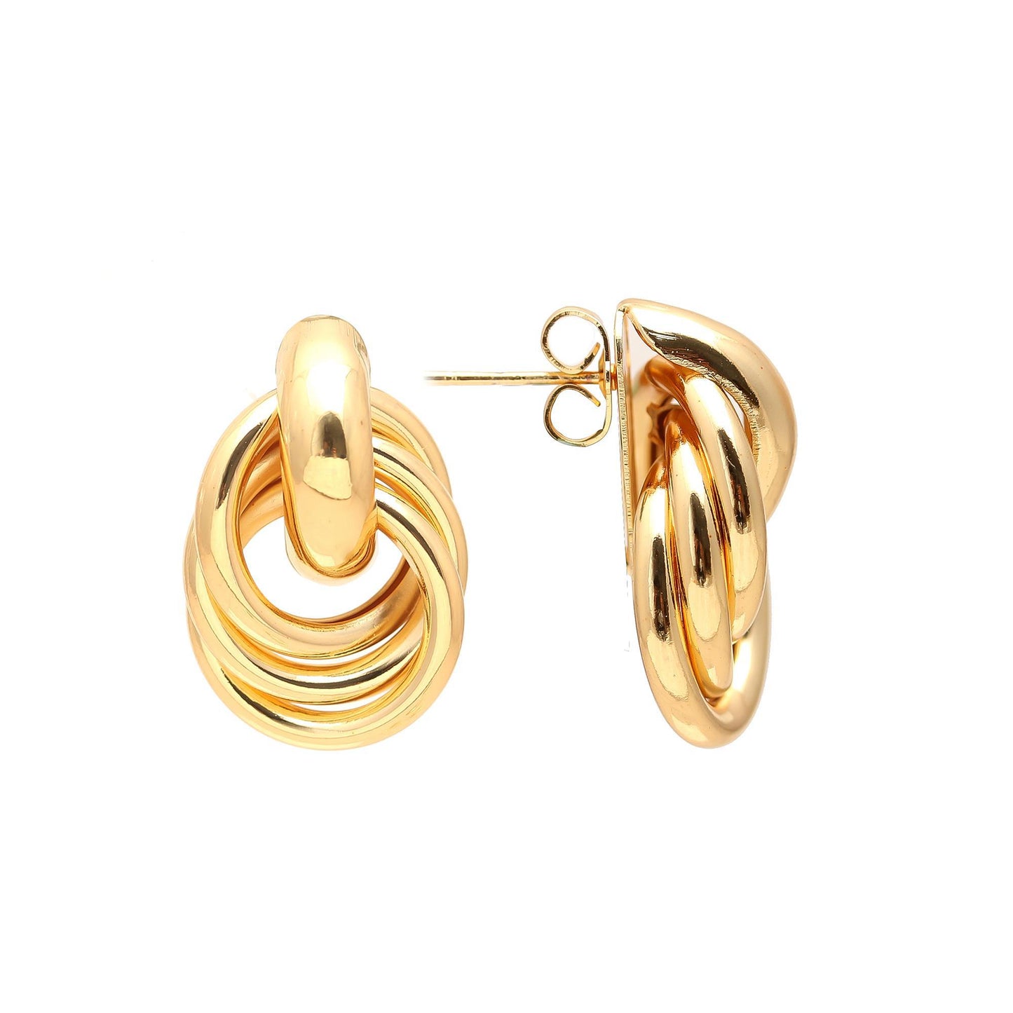 Gold-Plated Interlinked Multi-Ring Stud Earrings with Polished Finish for Contemporary Statement and Versatile Styling