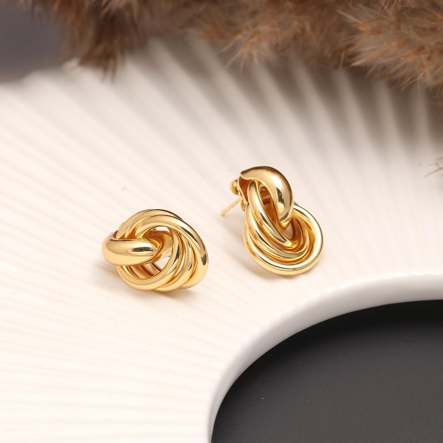 Gold-Plated Interlinked Multi-Ring Stud Earrings with Polished Finish for Contemporary Statement and Versatile Styling