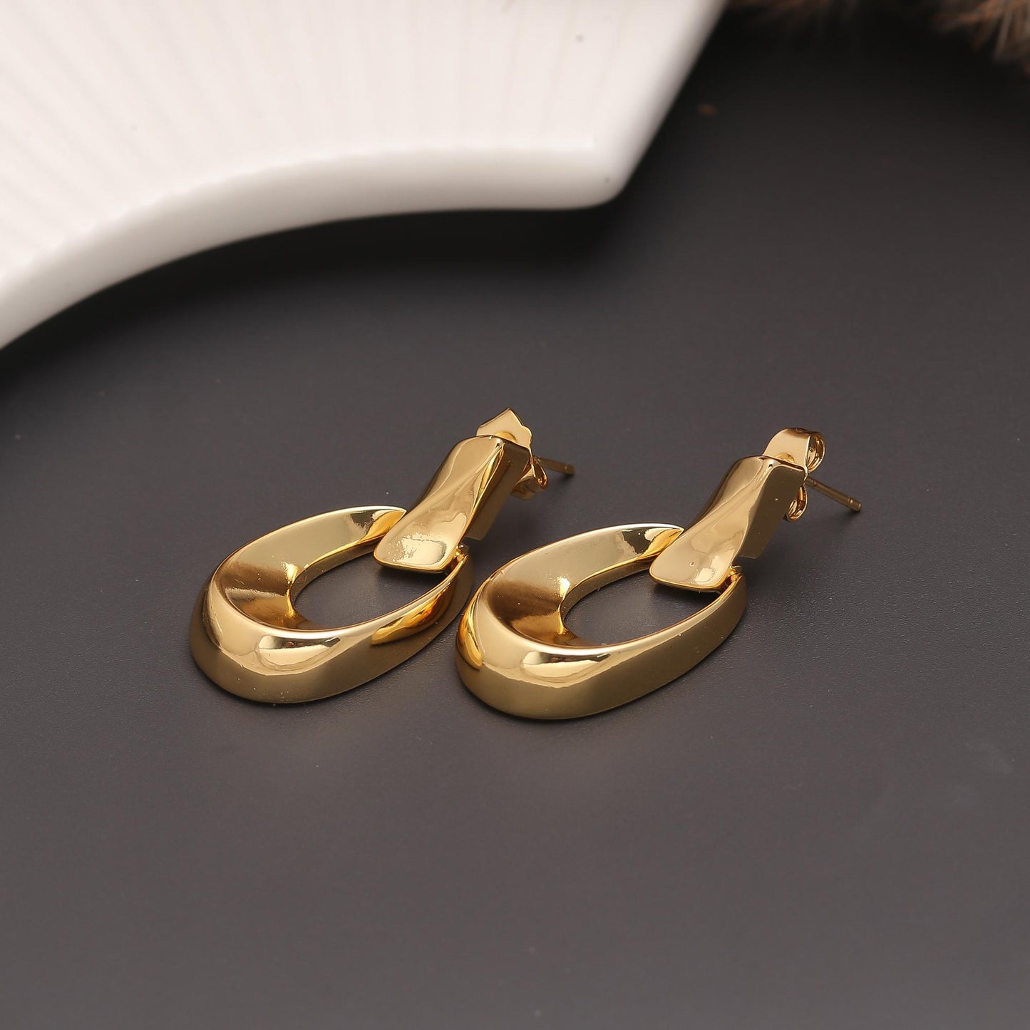 Gold-Plated Geometric Drop Earrings with Polished Oval Hoops and Angular Stud Tops for Sleek Contemporary Sophistication